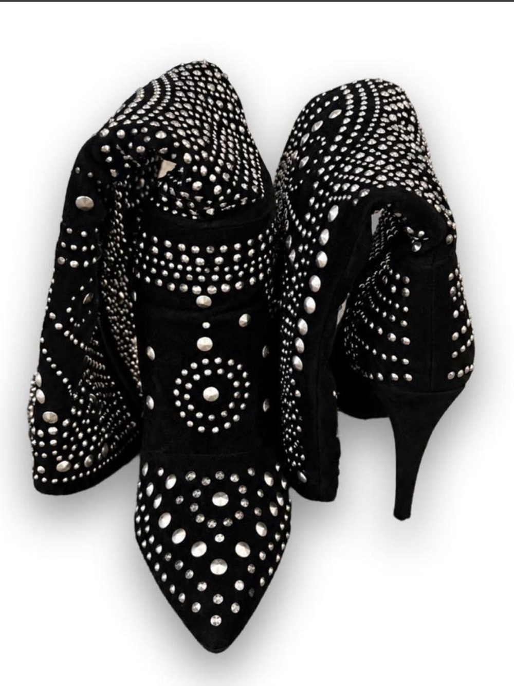 Black Silver Studded Knee High Pointed Toe Stiletto Boots